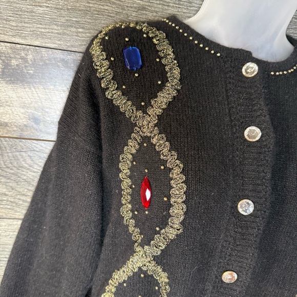 80s Bling Casino Grandma Cardigan Black Beaded Jewel Button Silk Angora Small S - Picture 3 of 9